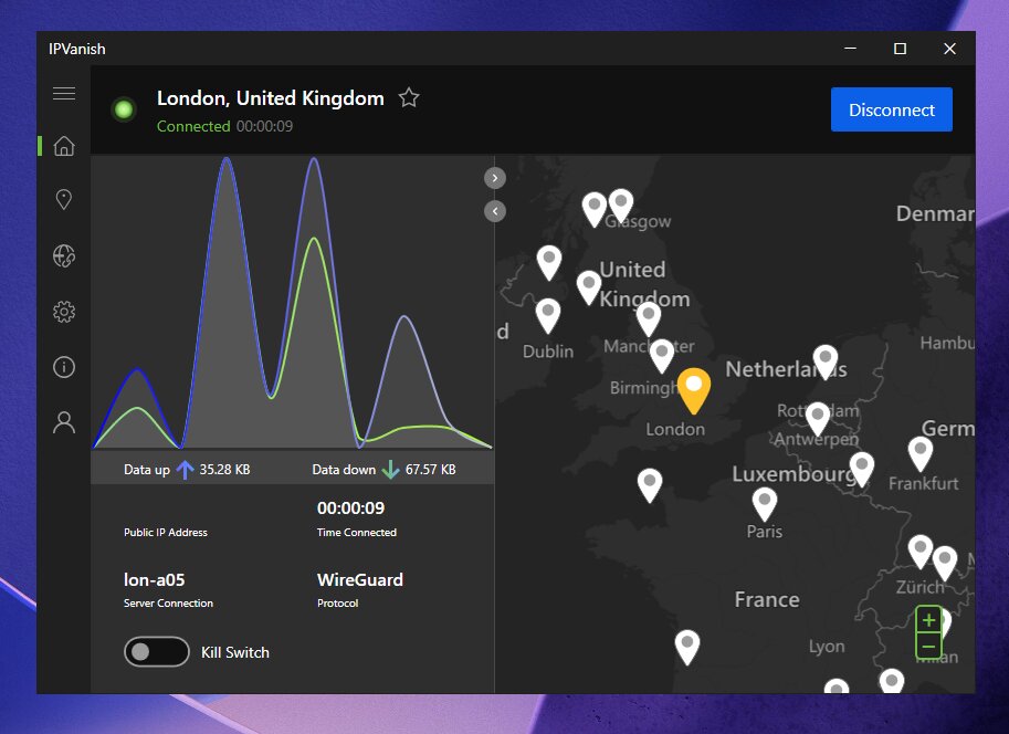 IPVanish VPN connected to a UK server