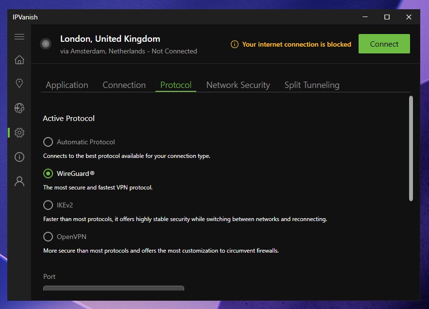 IPVanish VPN connected via the WireGuard protocol