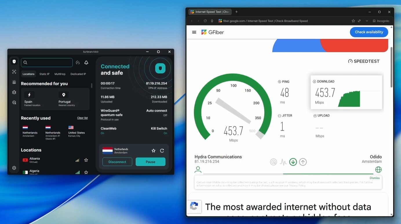 Surfshark Speedtest in a 500Mbps connection