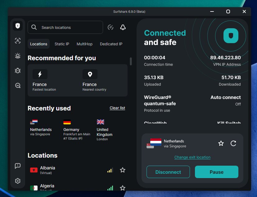 Surfshark connected to a MultiHop server
