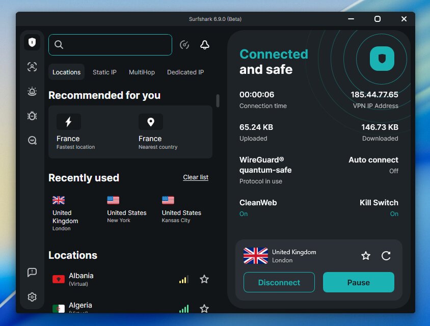 Surfshark connected to a VPN server in the UK