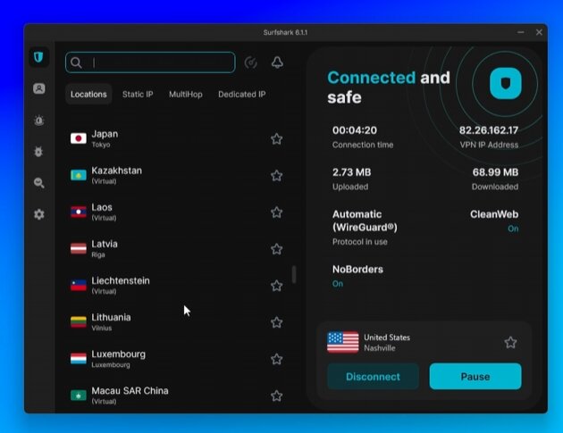 Surfshark connected to a server in the US