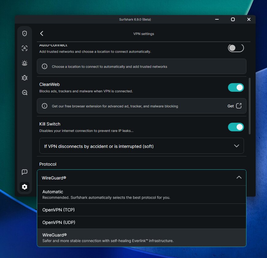 VPN protocols available on Surfshark
