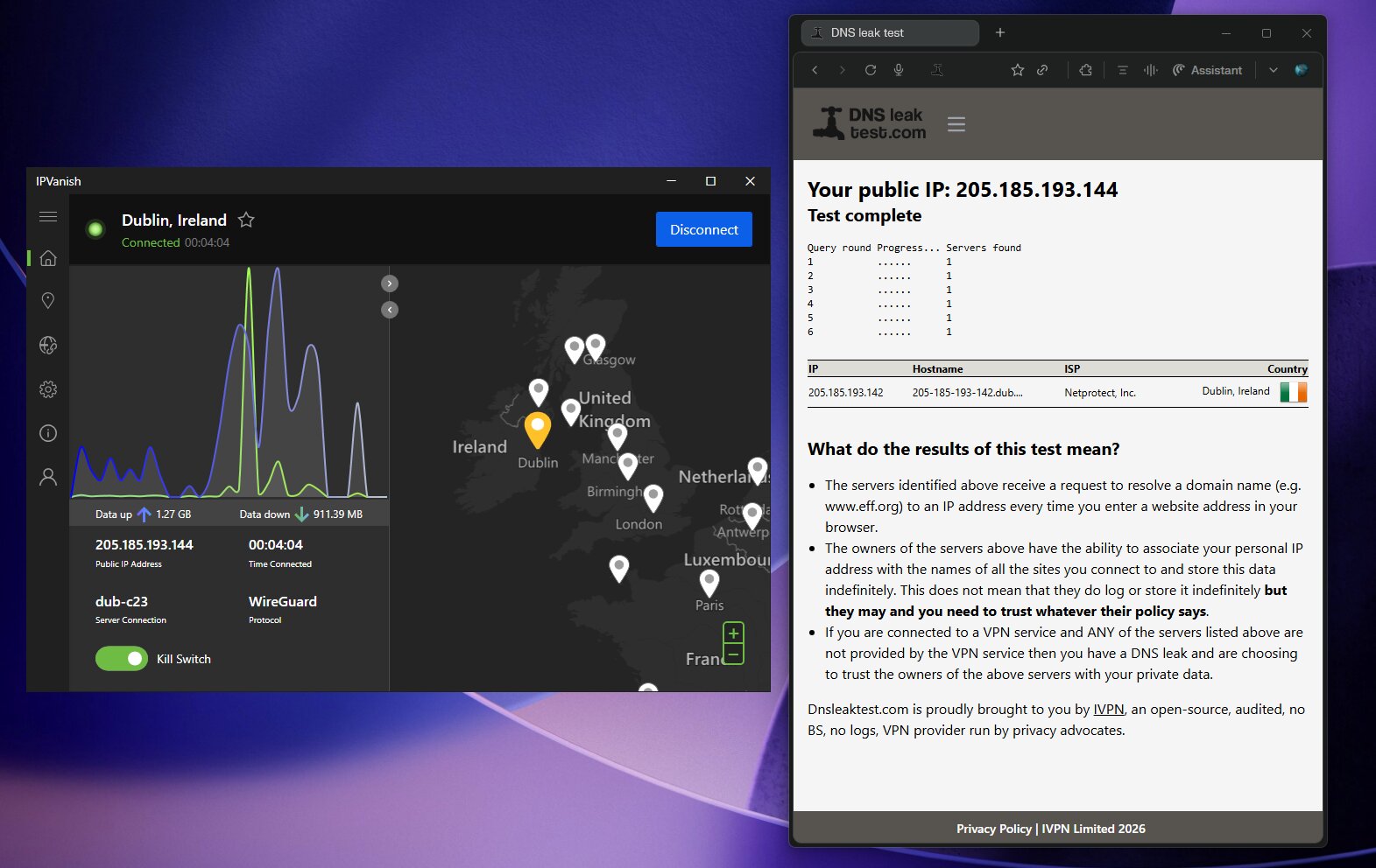 IPVanish VPN DNS leak test
