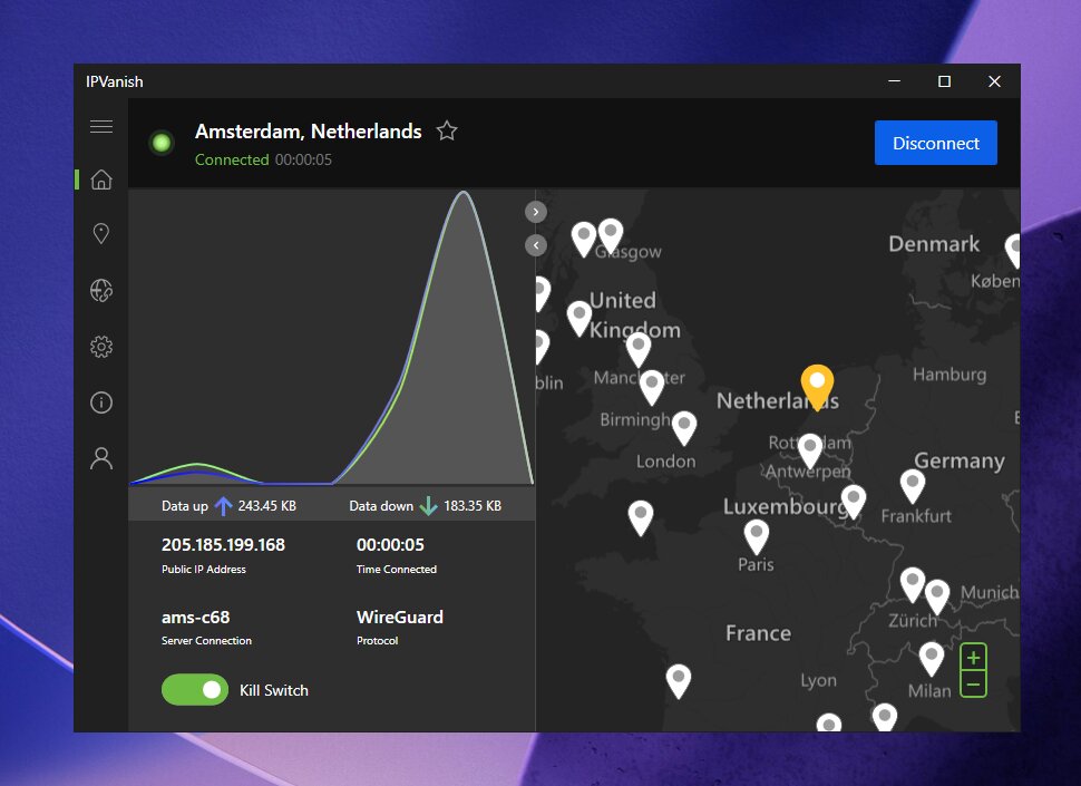 IPVanish VPN connected to a VPN server on Amsterdam