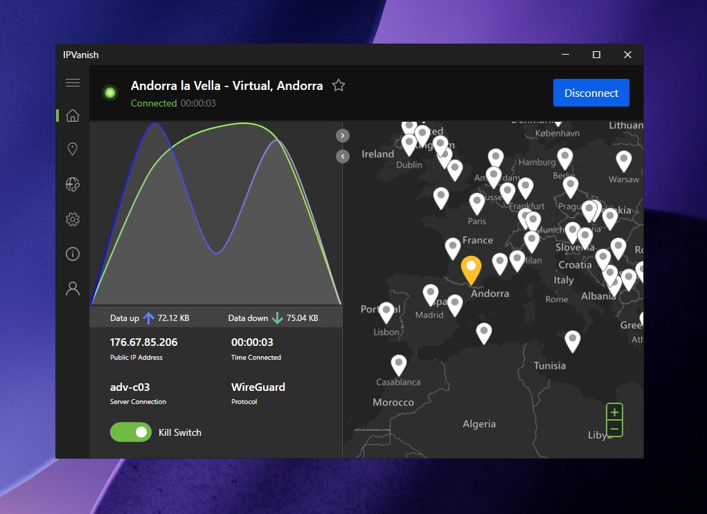 IPVanish VPN connected to a VPN server on Andorra La Vella