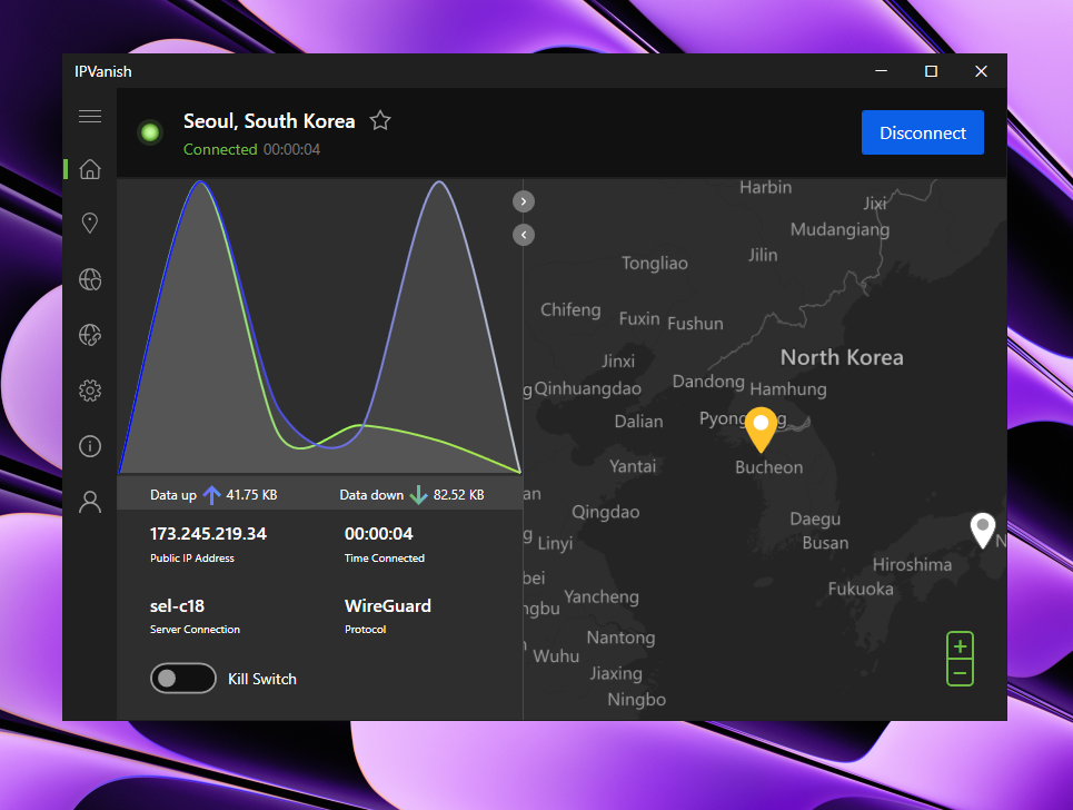 IPVanish connected to a South Korea IP Address