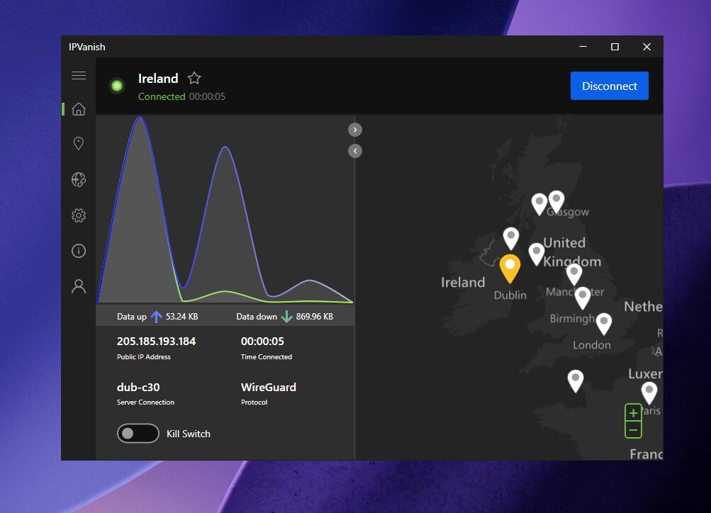 IPVanish connectedt to a Ireland server