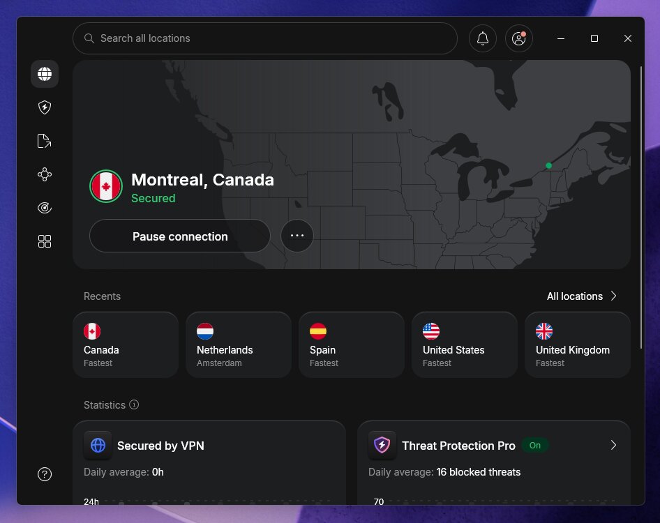 NordVPN connected to a VPN server on Canada