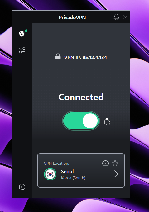 PrivadoVPN connected to a South Korea IP Address