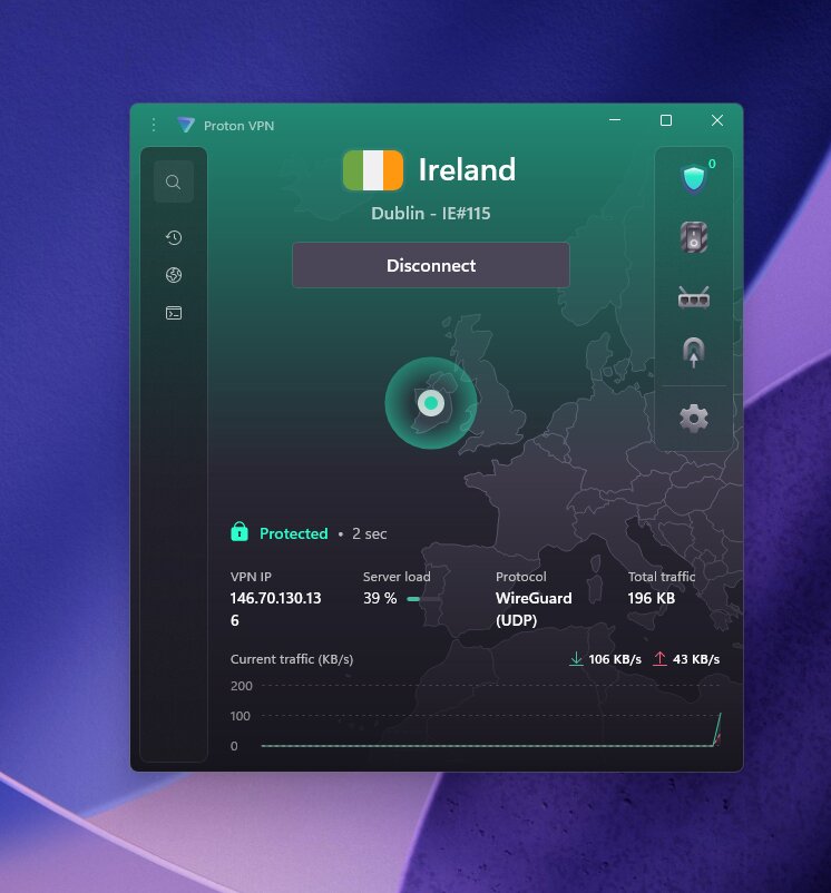 Proton VPN connected to a Ireland server