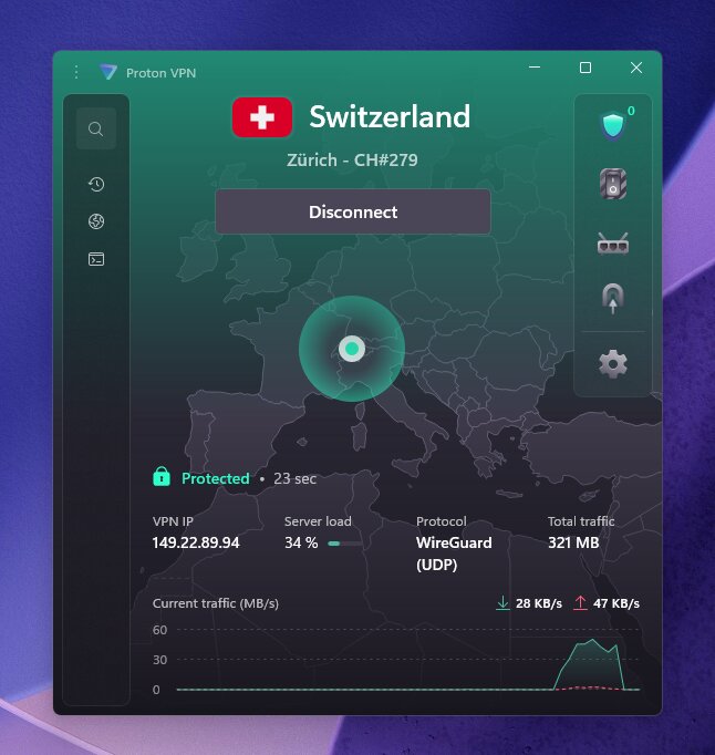 Proton VPN connected to a Switzerland server