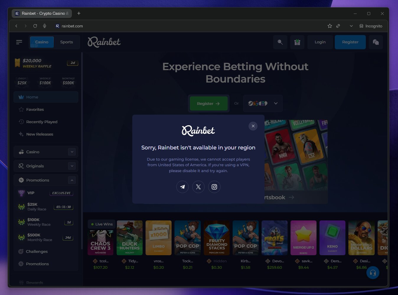 Rainbet unavailable in the US