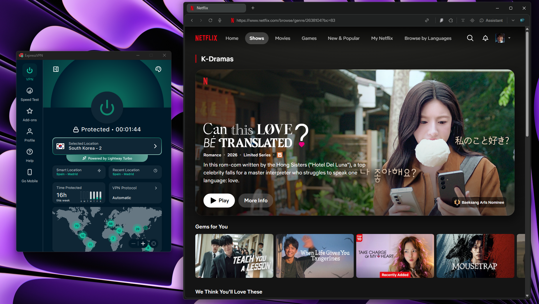Streaming Netflix with ExpressVPN connected to a South Korea IP Address