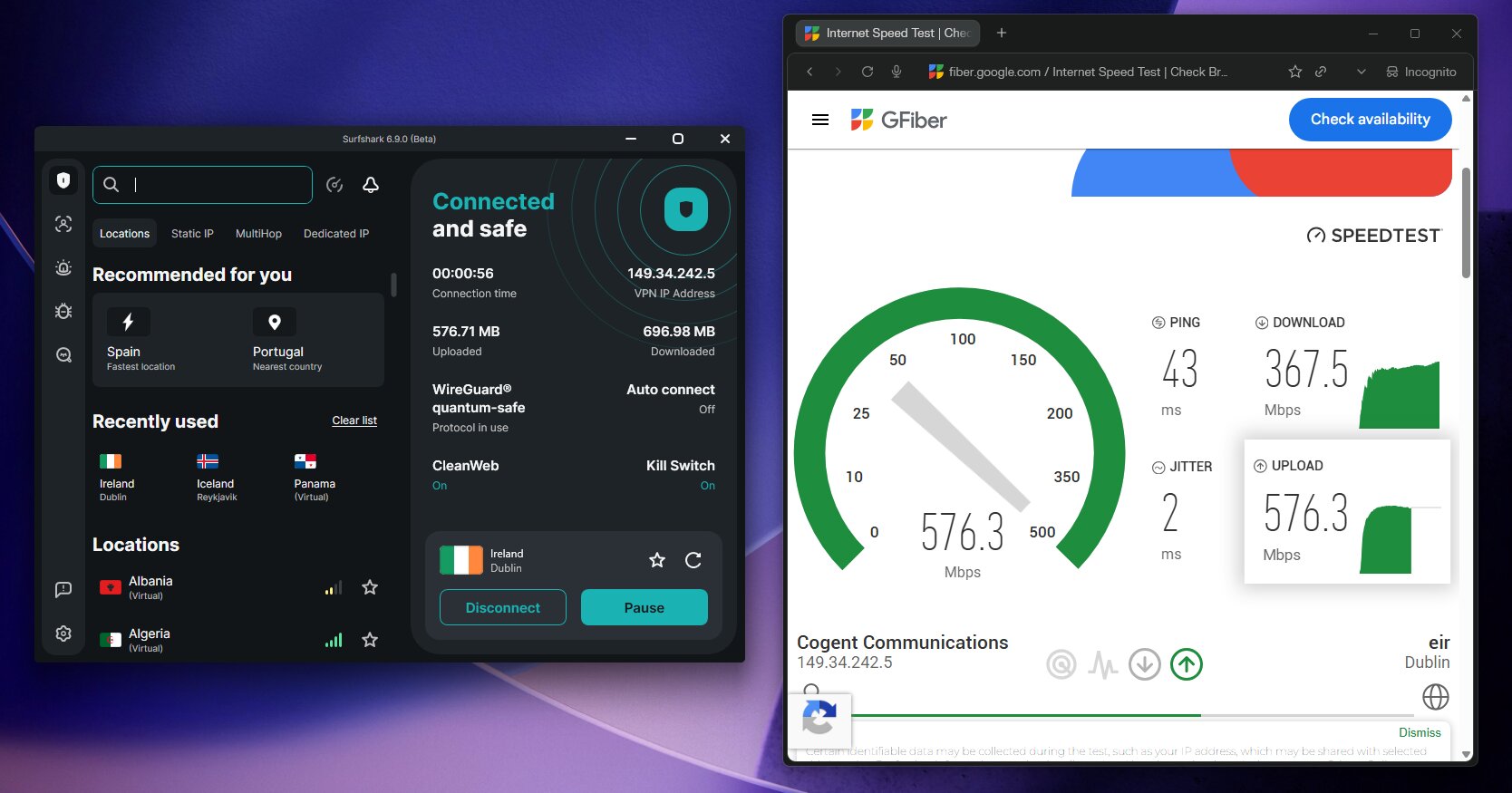 Surfshark Speedtest on a Ireland server