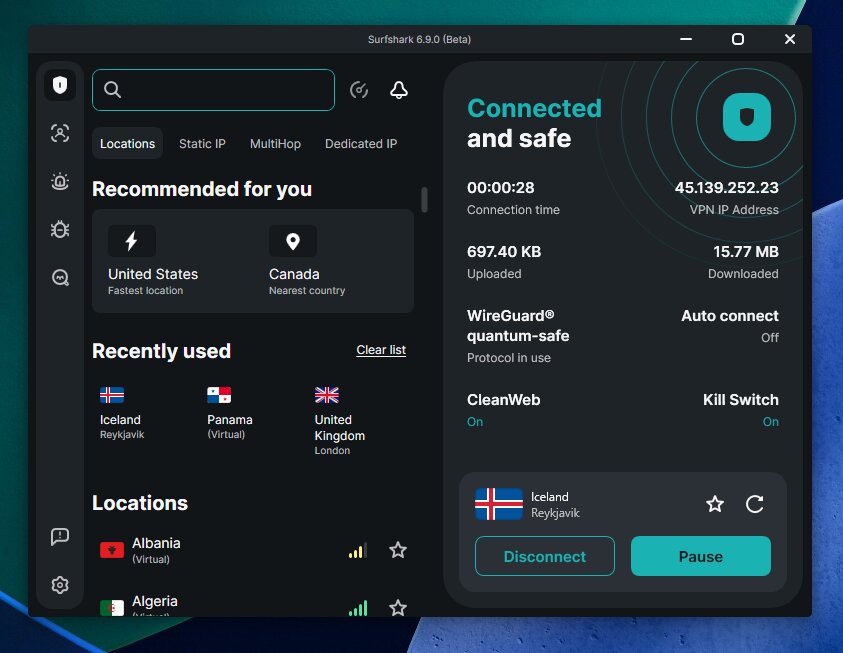 Surfshark connected to Iceland Server