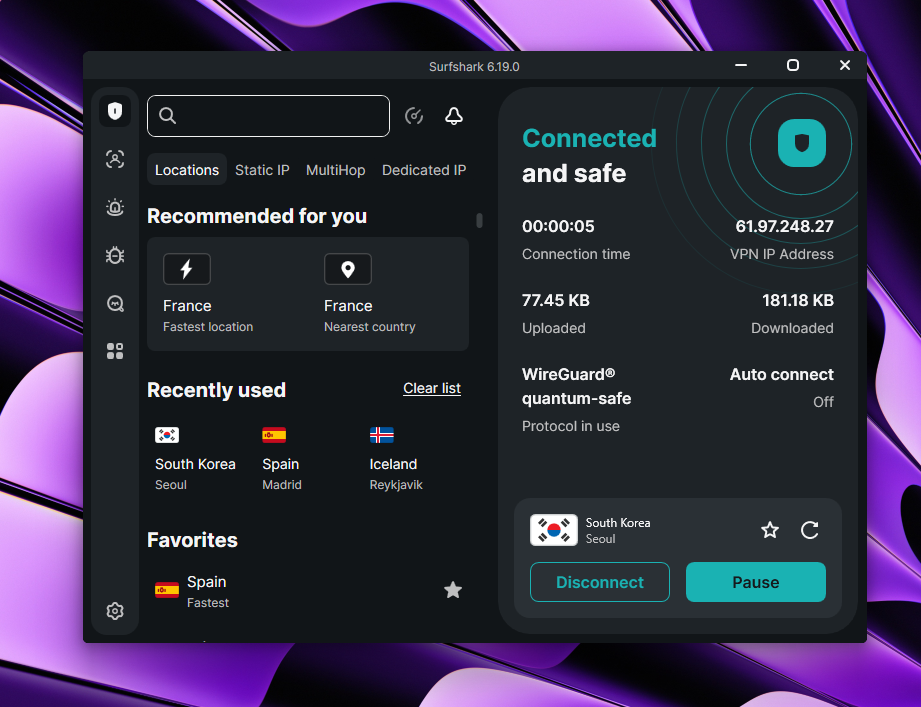 Surfshark connected to a South Korea IP Address