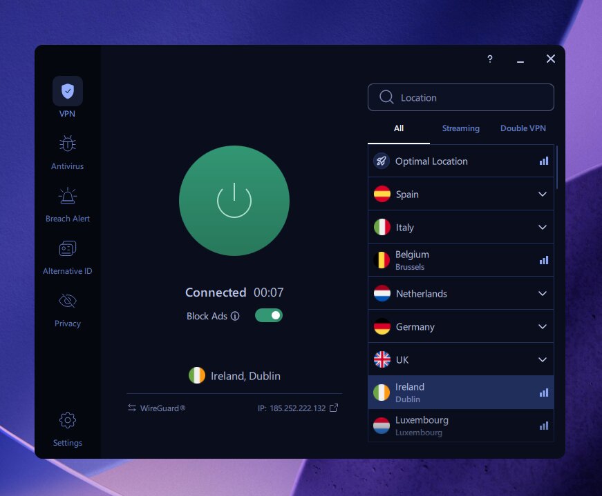 VeePN connected to a Ireland server