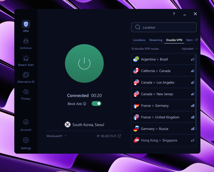 VeePN connected to a South Korea IP Address